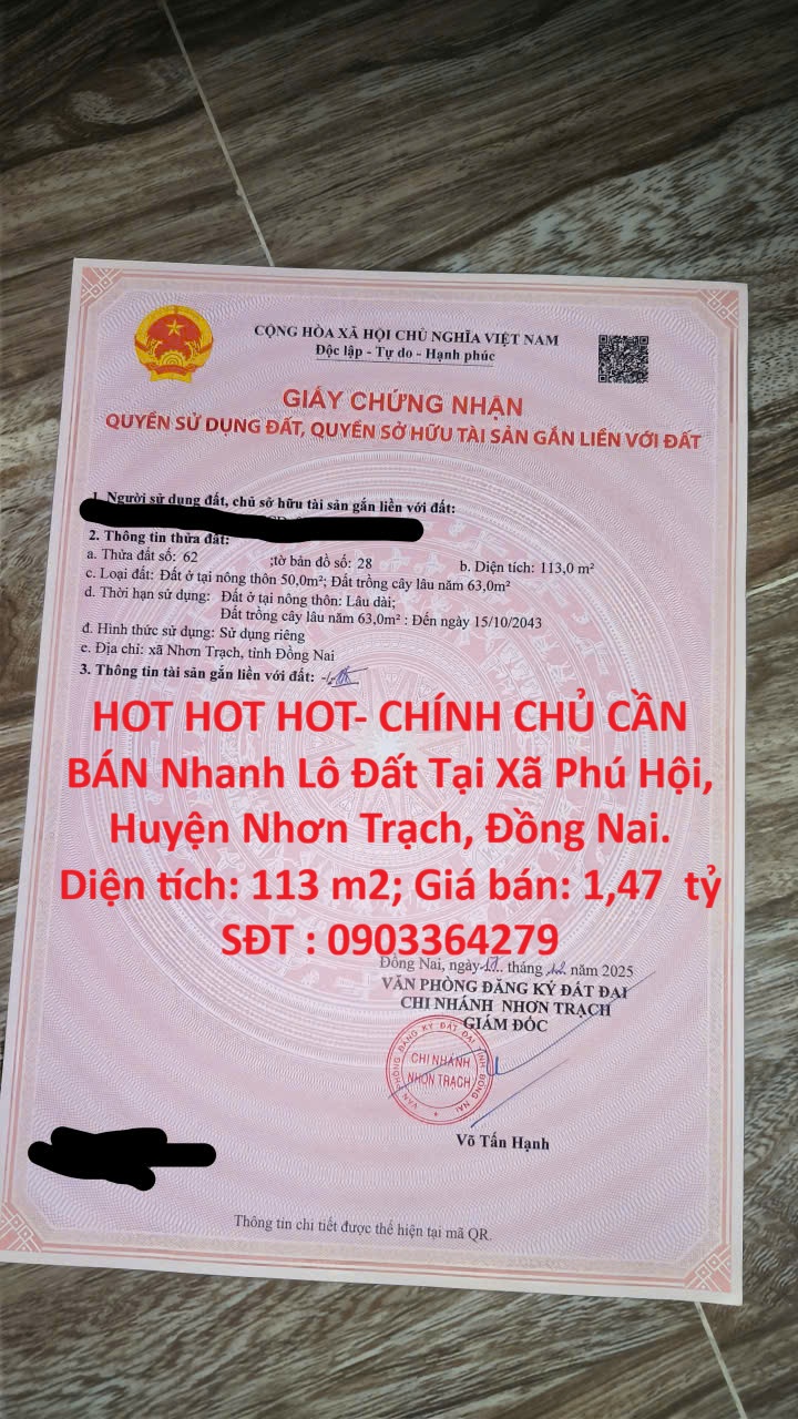  HOT HOT HOT- CHÍNH CHỦ CẦN BÁN Nhanh Lô Đất Tại Xã Phú Hội, Huyện Nhơn Trạch, Đồng Nai. 