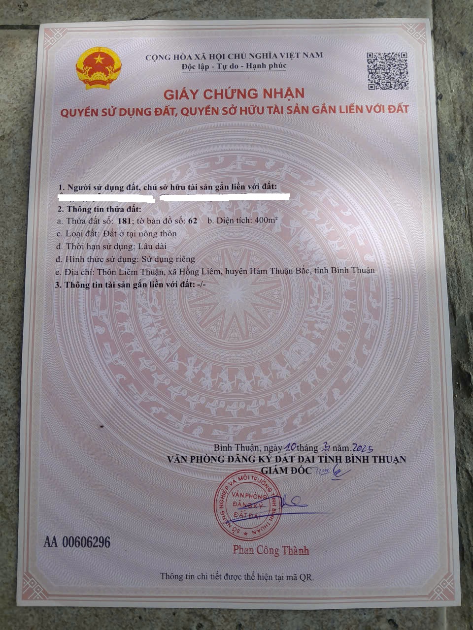  Bán 400m2 Đất Mặt Đường Bê Tông Tại Thôn Liêm Thuận, Xã Hồng Liêm, Hàm Thuận Bắc, Bình Thuận 