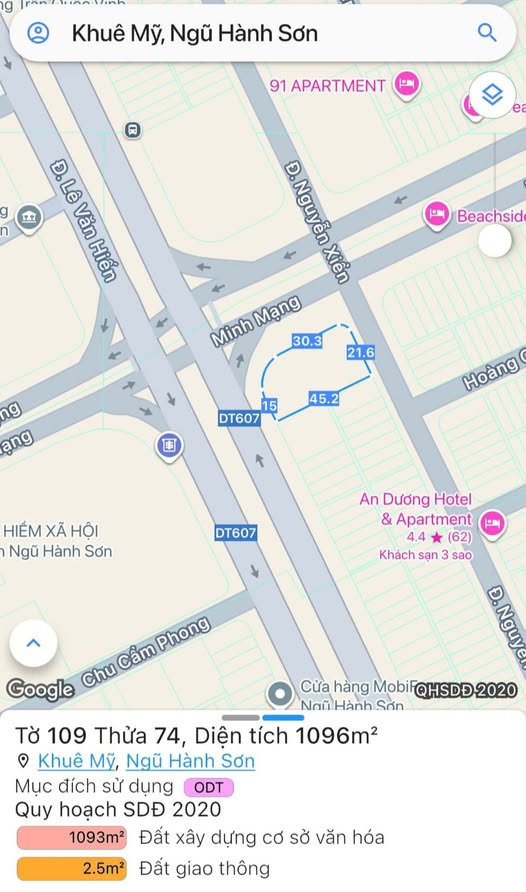  CHUYỂN NHƯỢNG LÔ GÓC 3MT ĐƯỜNG MINH MẠNG VÀ LÊ VĂN HIẾN, KHUÊ MỸ 