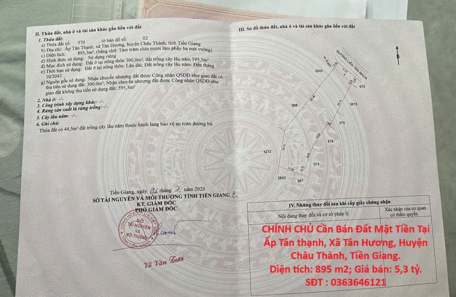  CHÍNH CHỦ Cần Bán Đất Mặt Tiền Tại Ấp Tân thạnh, Xã Tân Hương, Huyện Châu Thành, Tiền Giang. 