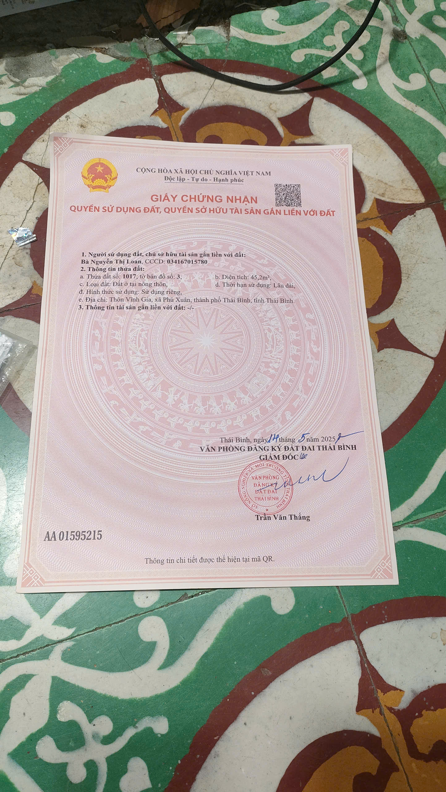  Bán lô đất 45,2m2 full thổ cư Thuộc  Thôn Vĩnh Gia – Phú Xuân – Thái Bình. 