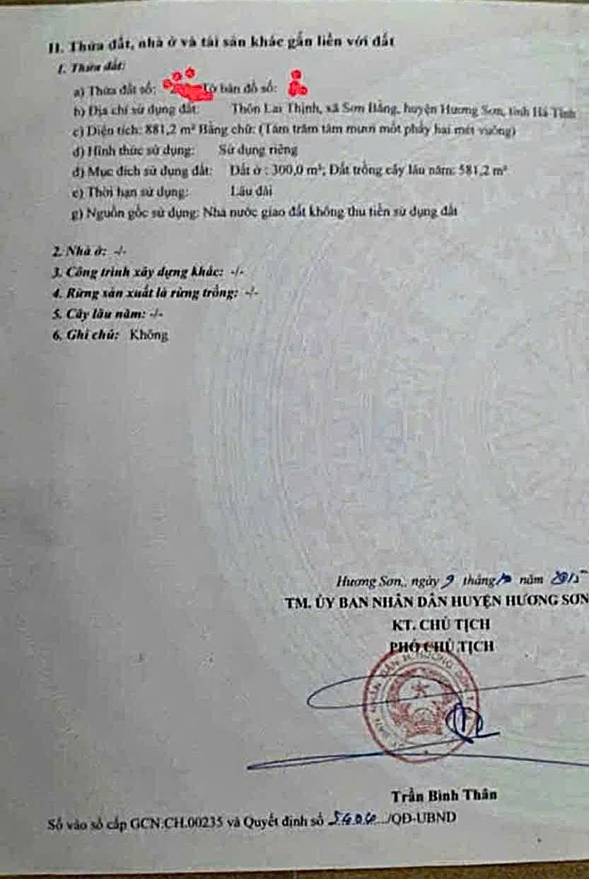  ĐẤT ĐẸP – GIÁ ĐẦU TƯ  - CẦN BÁN LÔ ĐẤT VỊ TRÍ ĐẸP  TẠI Xã Sơn Bằng (Hương Sơn-Hà Tĩnh 