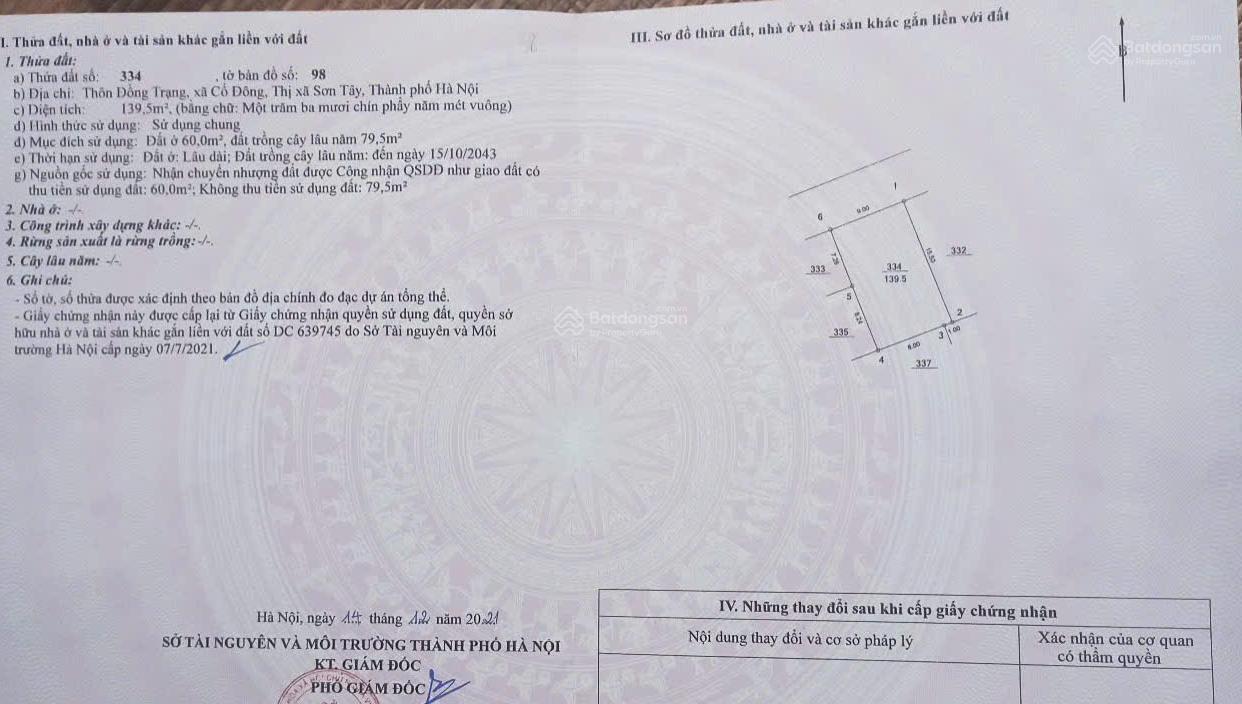  Chính chủ cần bán lô đất tại thôn Đồng Trạng, xã Cổ Đông, thị xã Sơn Tây 