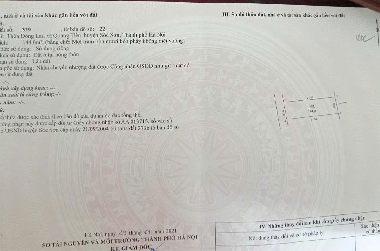  ???? BÁN ĐẤT Ở QUANG TIẾN – SÓC SƠN  Ô TÔ VÀO  144M²  26,5TR/M² ???? 