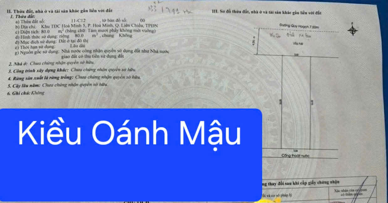  ????????Bán đất đường KIỀU OÁNH MẬU - Đường 7,5m thông thoáng 