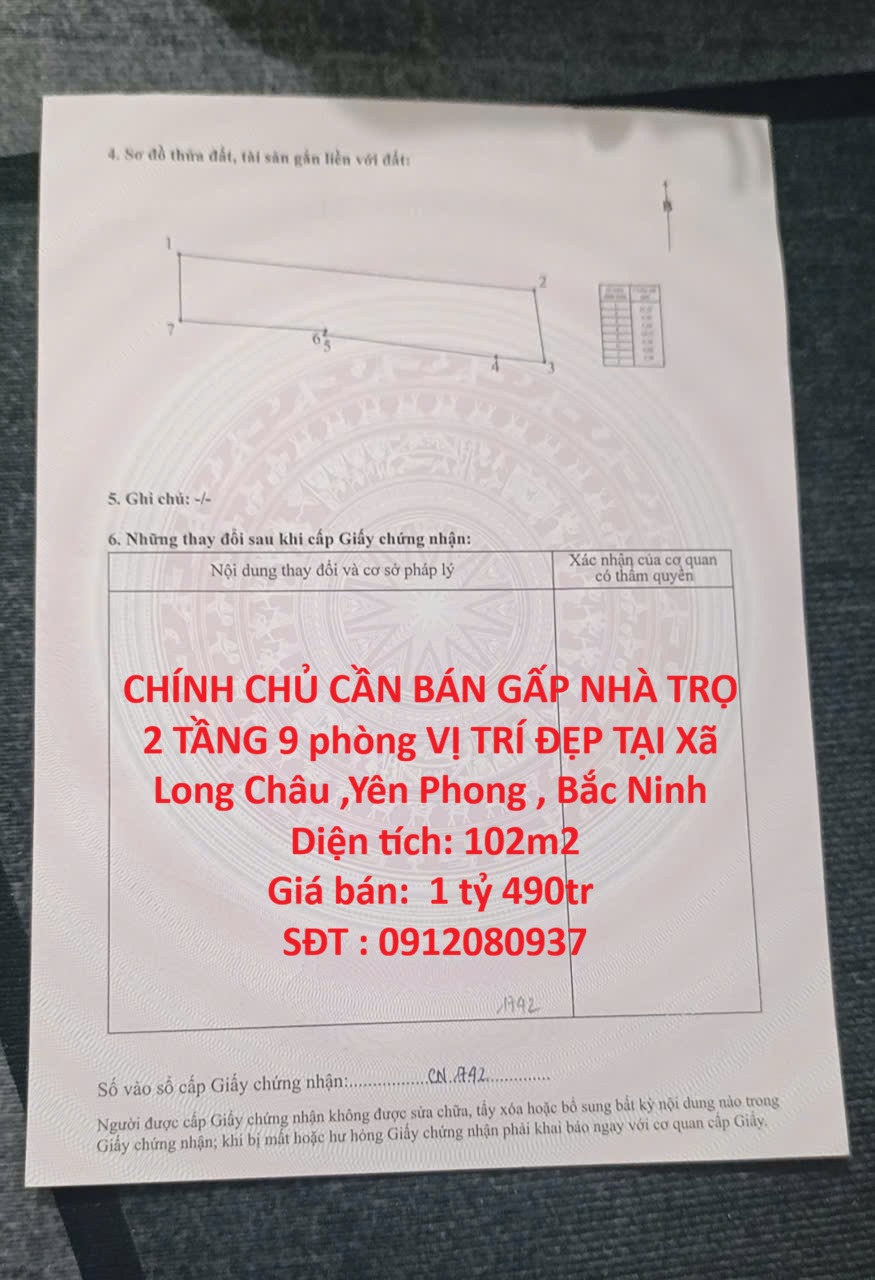  CHÍNH CHỦ CẦN BÁN GẤP NHÀ TRỌ 2 TẦNG 9 phòng VỊ TRÍ ĐẸP TẠI Xã Long Châu ,Yên Phong , Bắc Ninh 