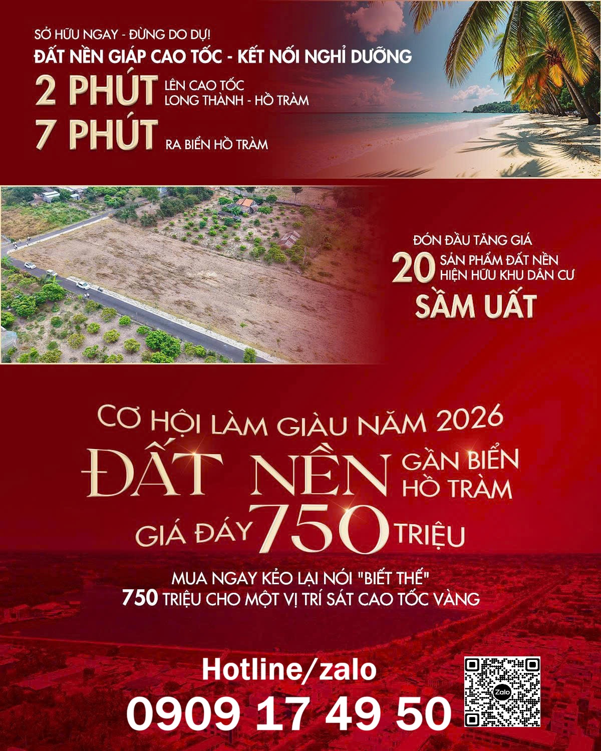  ĐÓN SÓNG CAO TỐC - BÁN 20 LÔ ĐẤT NỀN HỒ TRÀM GIÁ F0 CHỈ 750TR - CÁCH BIỂN 7 PHÚT 