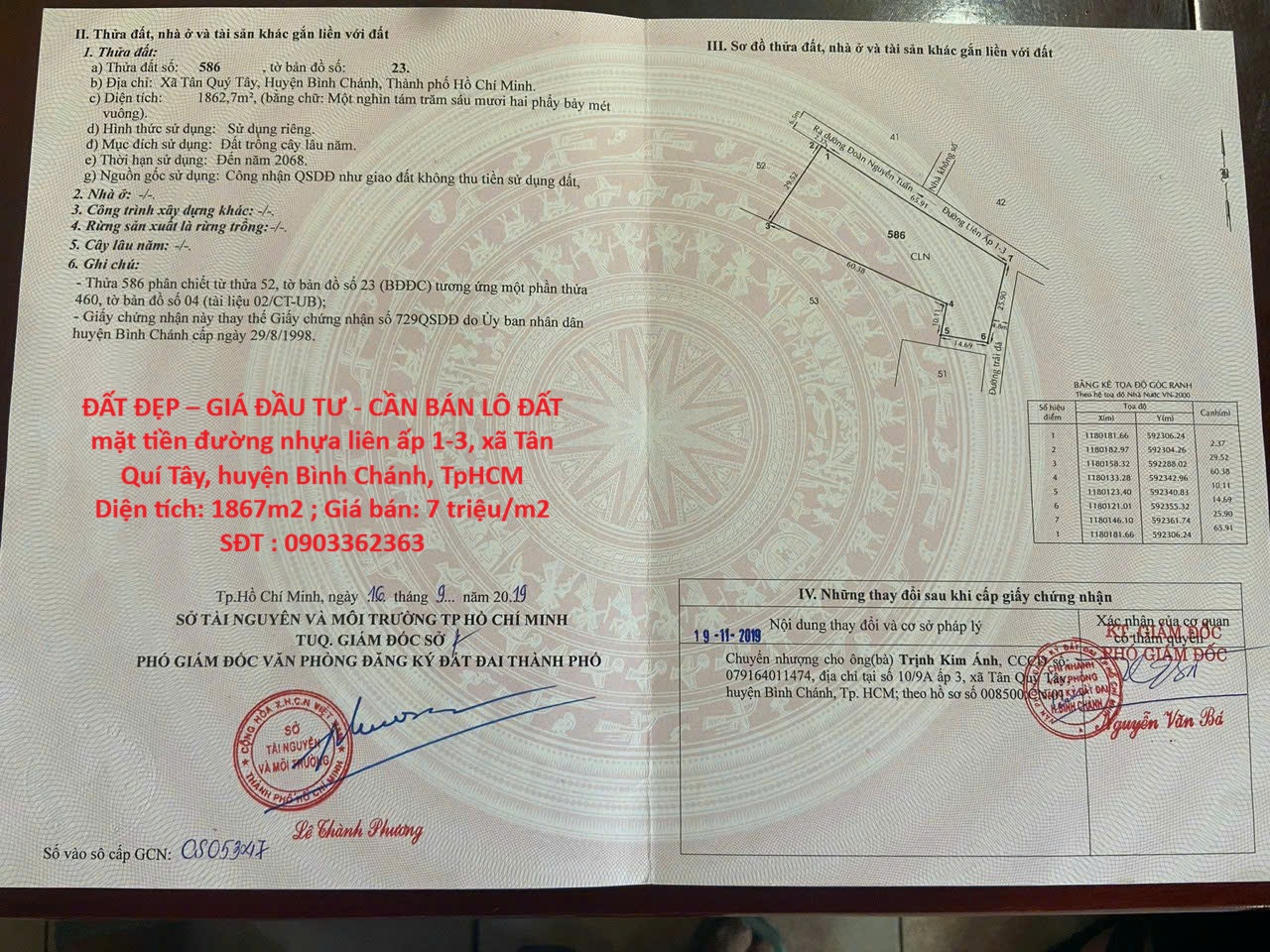  ĐẤT ĐẸP – GIÁ ĐẦU TƯ - CẦN BÁN LÔ ĐẤT  mặt tiền đường nhựa liên ấp 1-3, xã Tân Quí Tây, huyện Bình Chánh, TpHCM 