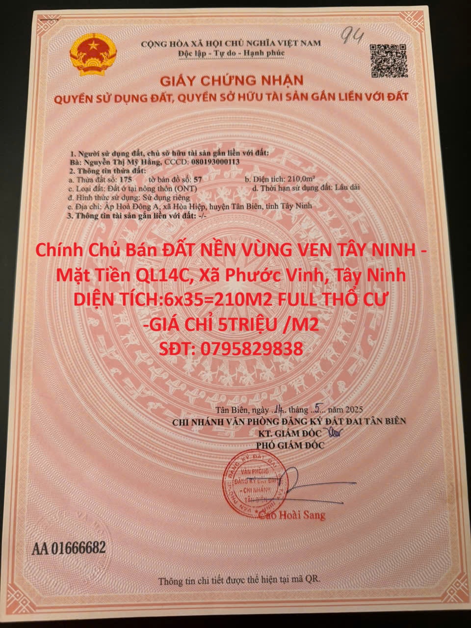  Chính Chủ Bán ĐẤT NỀN VÙNG VEN TÂY NINH - Mặt Tiền QL14C, Xã Phước Vinh, Tây Ninh 