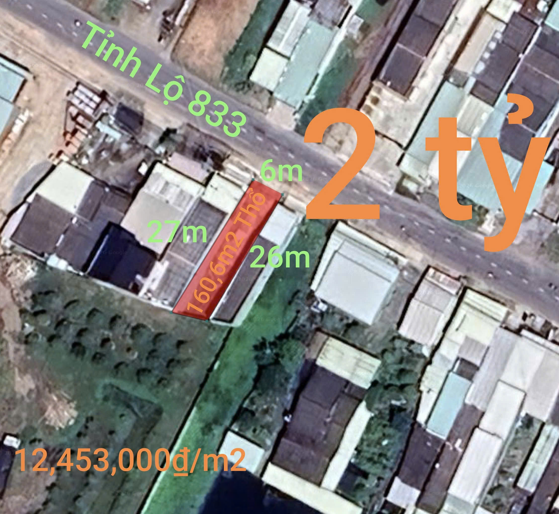  Bán lô đất thổ mặt tiền tỉnh lộ 833 giá 2 tỷ 