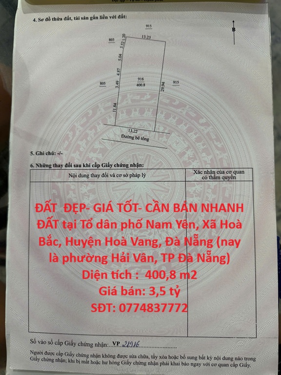 ĐẤT  ĐẸP- GIÁ TỐT- CẦN BÁN NHANH ĐẤT tại Xã Hoà Bắc, Hoà Vang, Đà Nẵng 