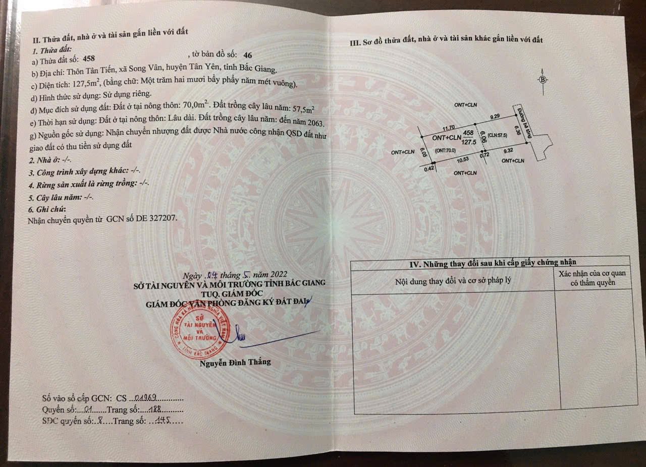  Bán Lô Đất 127,5m2 ( thổ cư 70m) Tại Tân Tiến - Song Vân - Tân Yên Bắc Giang( cũ) 