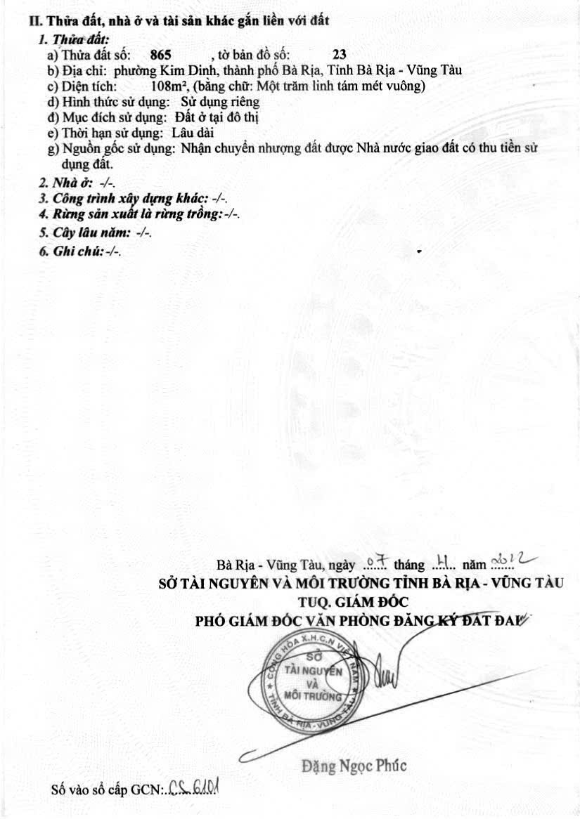  ĐẤT  ĐẸP- GIÁ TỐT- CẦN BÁN NHANH ĐẤT tại Phường Kim Dinh, TP Bà Rịa ,Vũng Tàu 