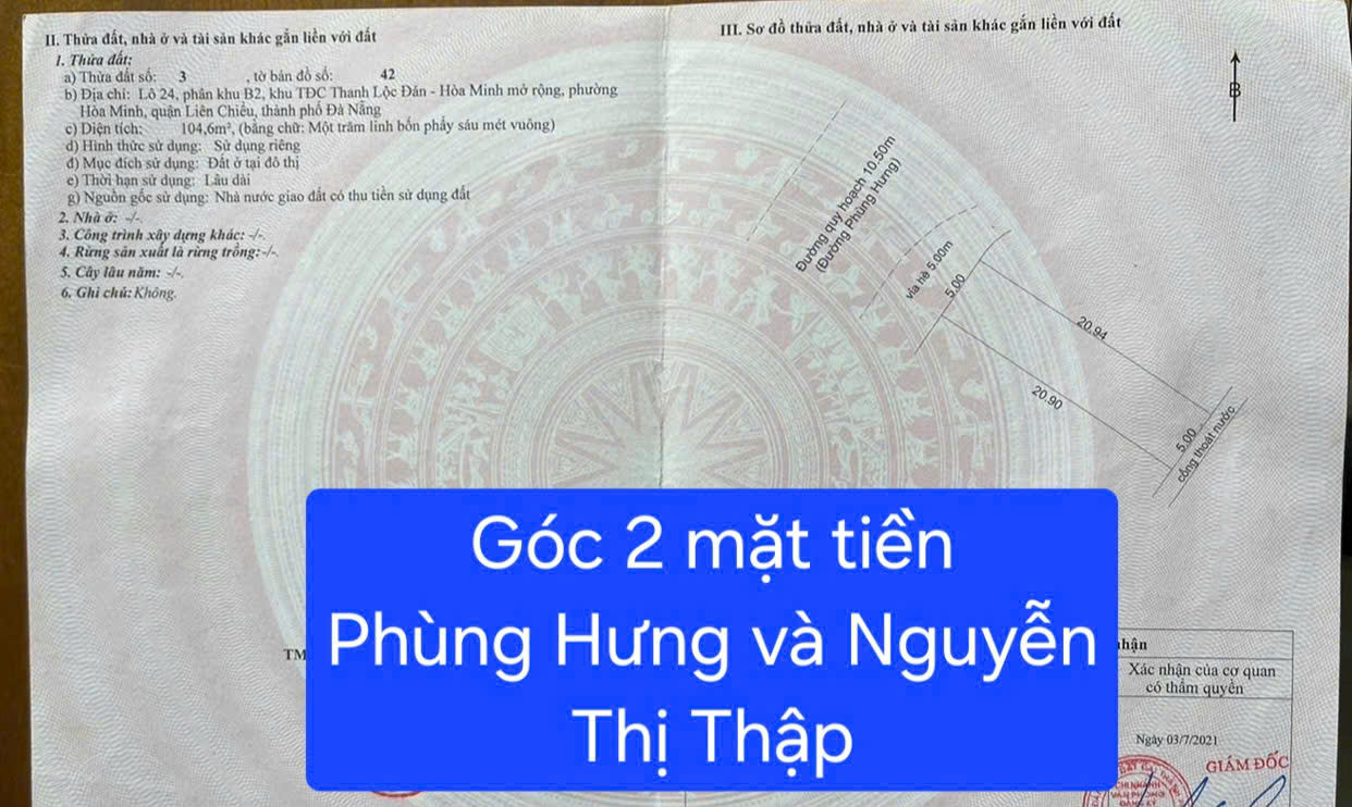  ????????HÀNG HIẾM - Bán đất lô góc 2 MT đường Phùng Hưng và Nguyễn Thị Thập 