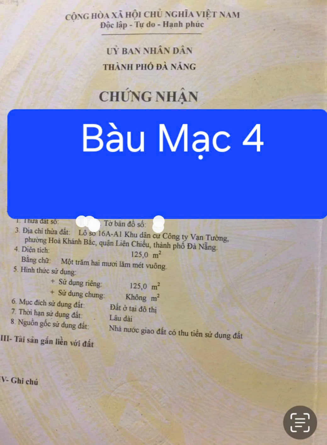  ????????Bán đất đường Bàu Mạc 4 - Gần biển thoáng mát-DTĐ: 125m2 (5x25)m 