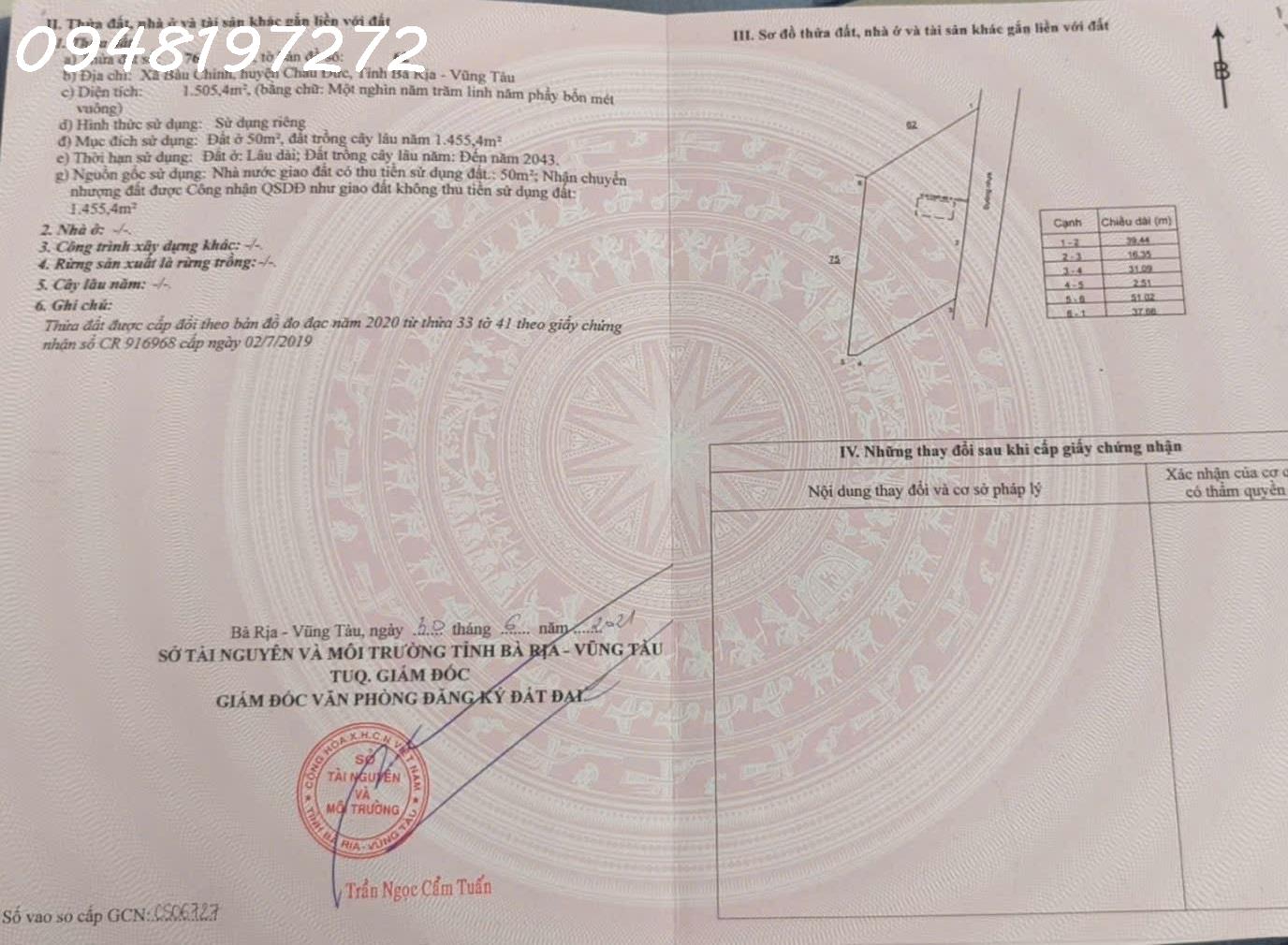  Siêu phẩm - Bán lô đất siêu đẹp Bàu Chinh, Châu Đức, Bà Rịa Vũng Tàu, DT 1505m2, giá 6,2tỷ 