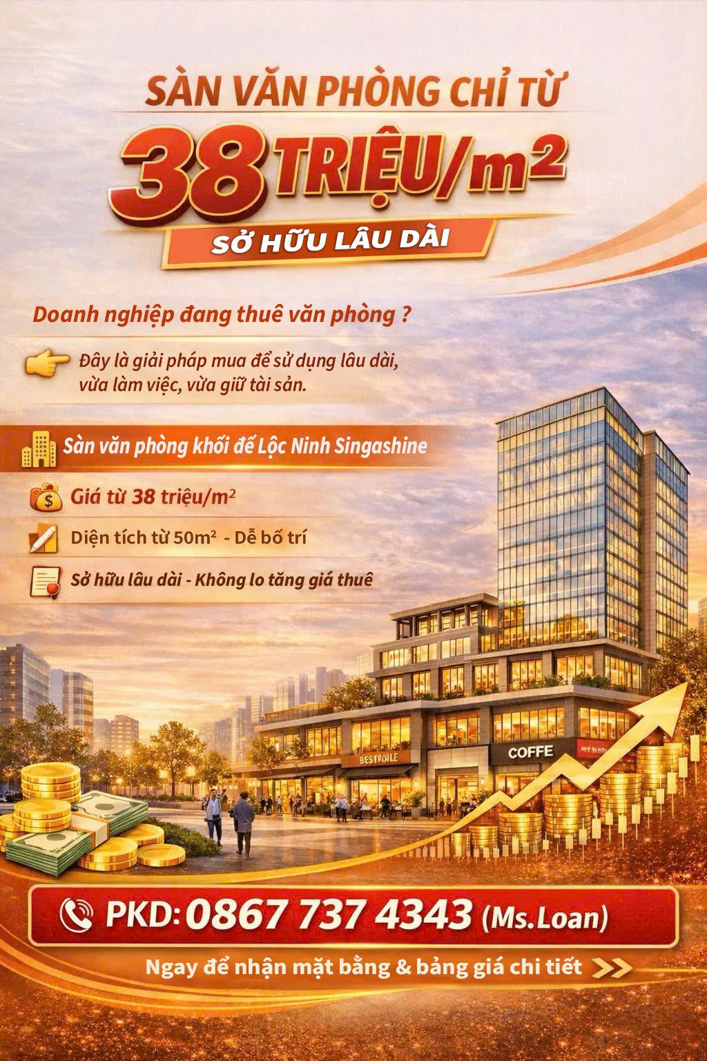  Sàn Văn Phòng 43m², Chỉ 38 Triệu/m², Vay 70% Lộc Ninh Singashine 