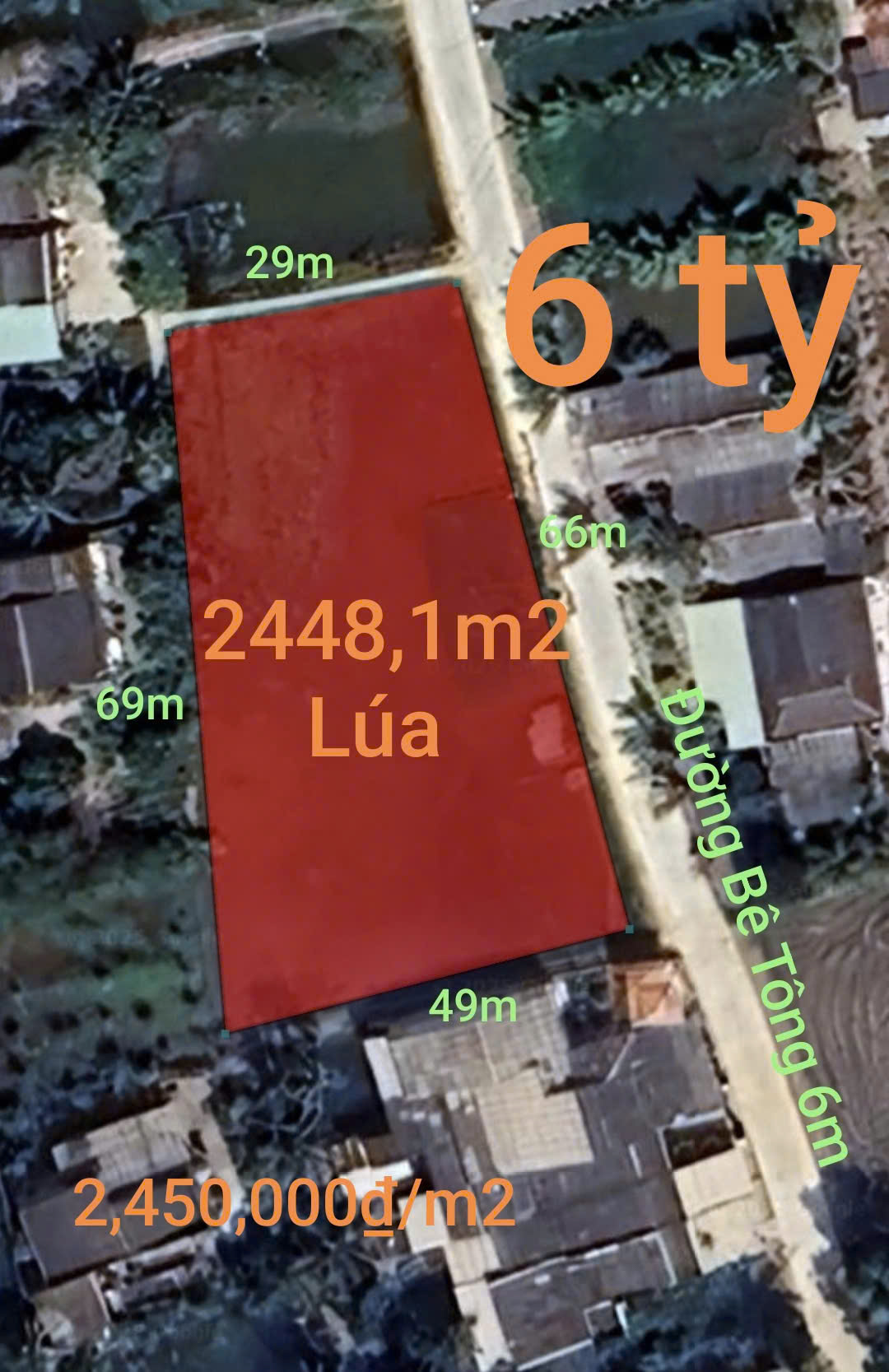  Bán lô đất lúa 4 mặt tiền chuyển thổ phân lô giá chốt 6 tỷ 