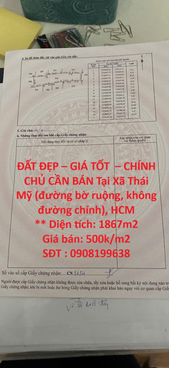  ĐẤT ĐẸP – GIÁ TỐT  – CHÍNH CHỦ CẦN BÁN Tại Xã Thái Mỹ (đường bờ ruộng, không đường chính), HCM 