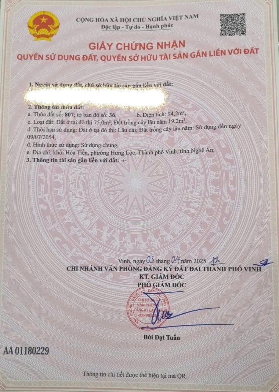  ĐẤT CHÍNH CHỦ - GIÁ TỐT  - CẦN BÁN LÔ ĐẤT  TẠI Khối Hoà Tiến, phường Hưng Lộc, TP. Vinh, nghệ An 