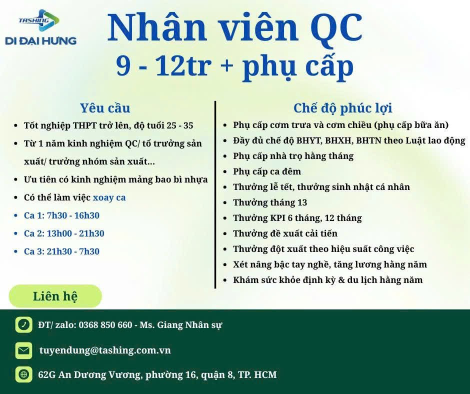  Công ty TNHH Di Đại Hưng chuyên sản xuất bao bì nhựa & nhựa gia dụng cần tuyển gấp nhiều vị trí 