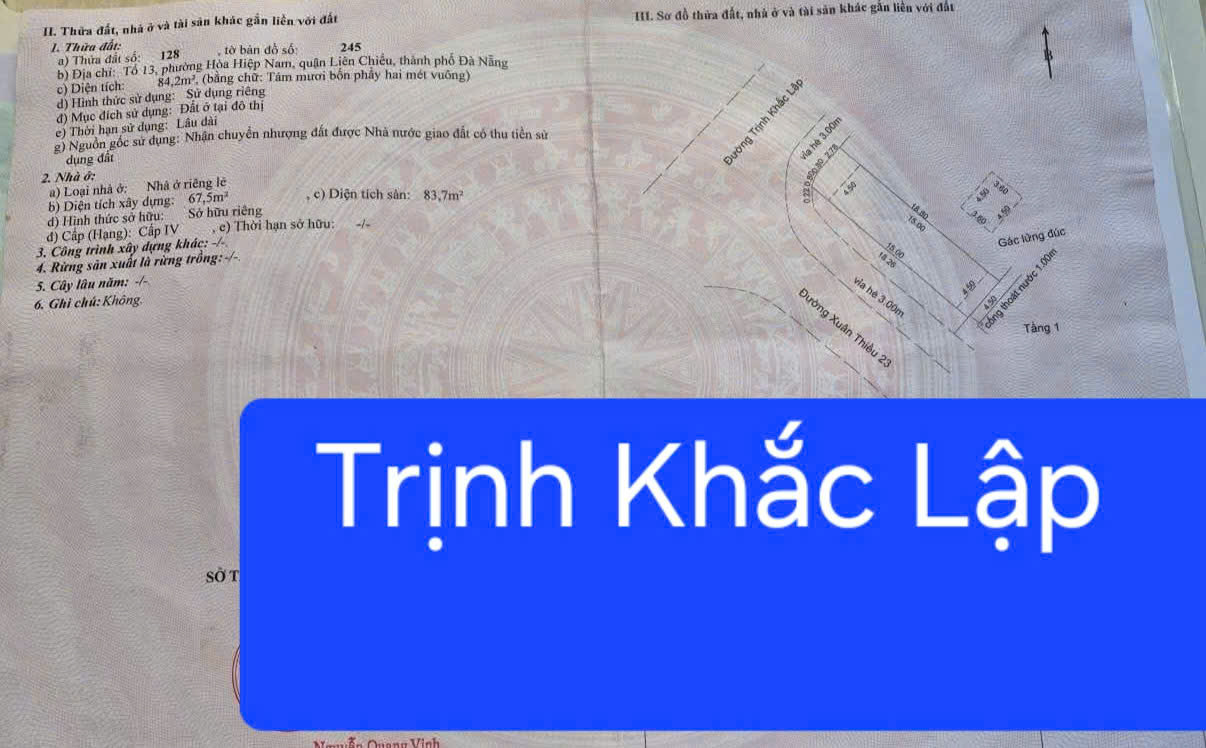  Bán đất 2 mặt tiền đường 7,5m TRỊNH KHẮC LẬP & XUÂN THIỀU 23 