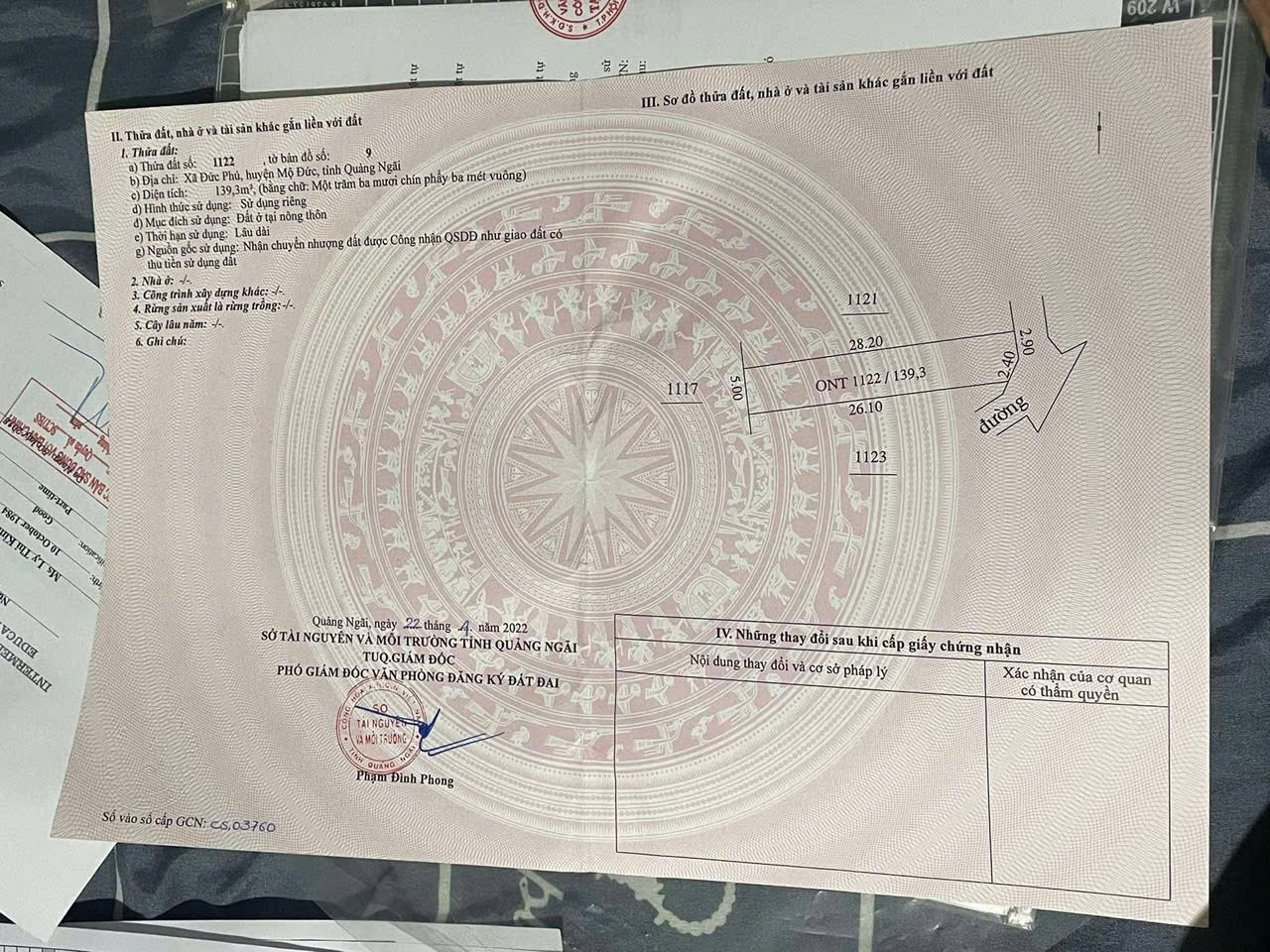  ĐẤT  ĐẸP- GIÁ TỐT- CẦN BÁN NHANH LÔ ĐẤT ĐẸP Tại  xã đức phú, mộ Đức, Quảng ngãi 