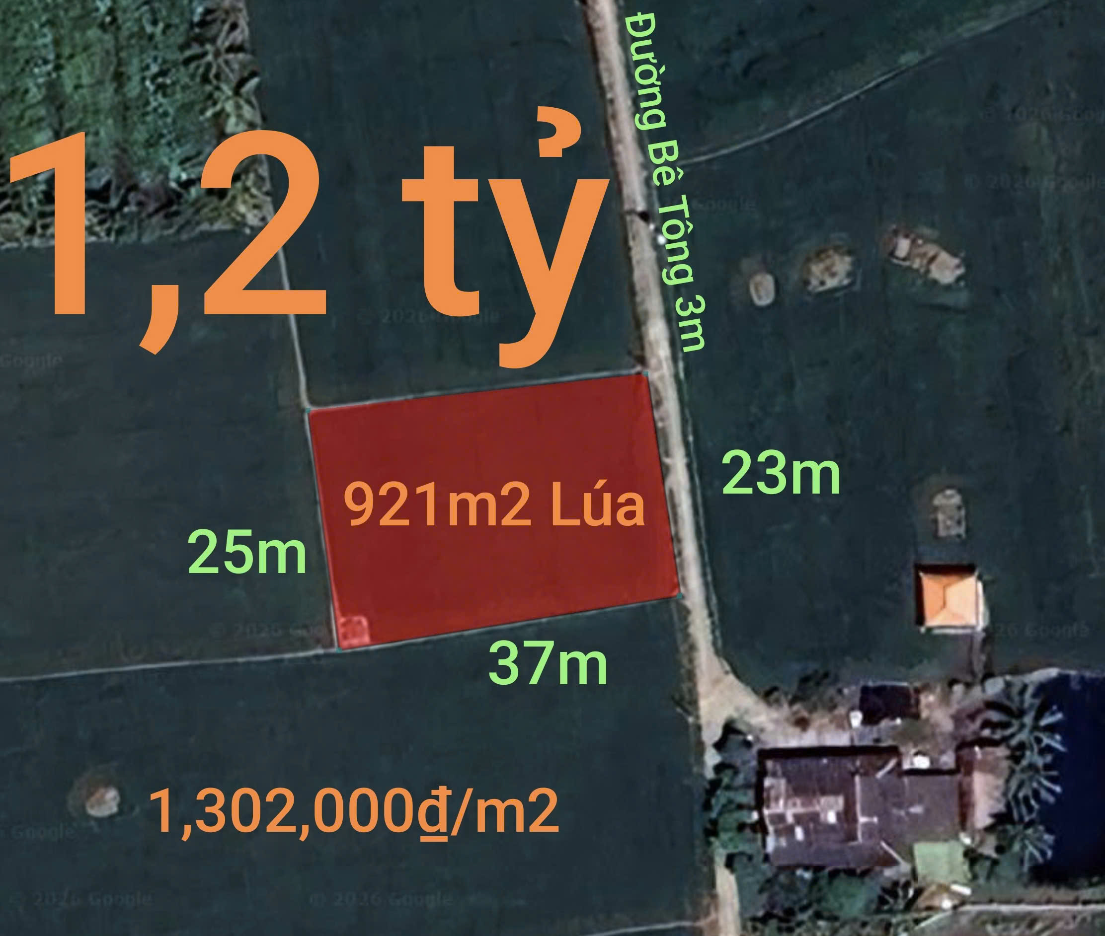  Bán gấp lô đất lúa gần trục động lực giá 1,2 tỷ 