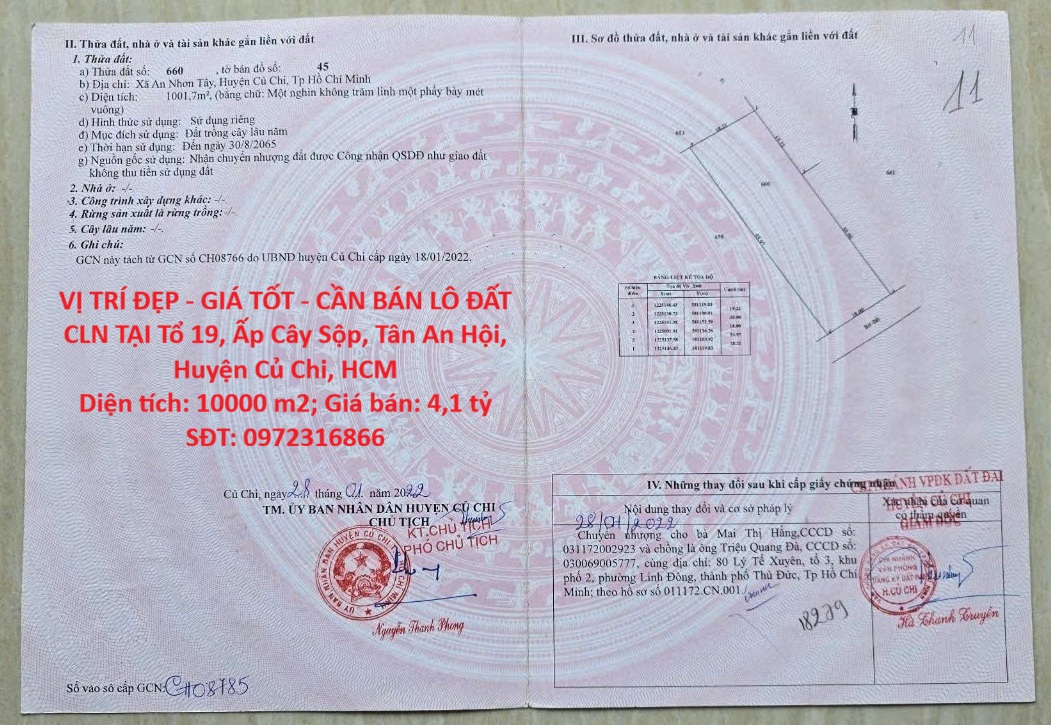  VỊ TRÍ ĐẸP - GIÁ TỐT - CẦN BÁN LÔ ĐẤT CLN TẠI Tổ 19, Ấp Cây Sộp, Tân An Hội, Huyện Củ Chi, HCM 
