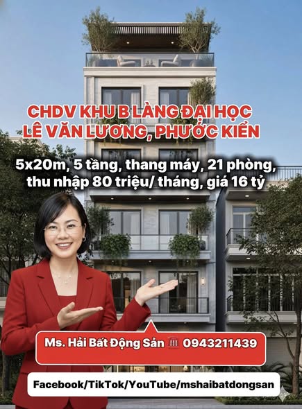  BÁN CĂN HỘ DỊCH VỤ 21 PHÒNG – KHU B LÀNG ĐẠI HỌC - ĐƯỜNG 12M - CÓ THANG MÁY - 16 TỶ 