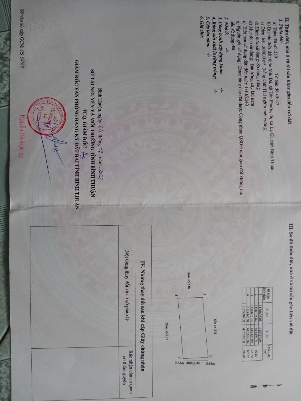  ĐẤT ĐẸP -  GIÁ TỐT  - CẦN BÁN GẤP LÔ ĐẤT TRỒNG CÂY LÂU NĂM  TẠI xã Tân Phước, TX.LaGi, Bình Thuận 