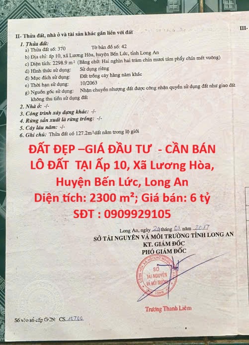  ĐẤT ĐẸP –GIÁ ĐẦU TƯ  - CẦN BÁN LÔ ĐẤT  TẠI Ấp 10, Xã Lương Hòa, Huyện Bến Lức, Long An 