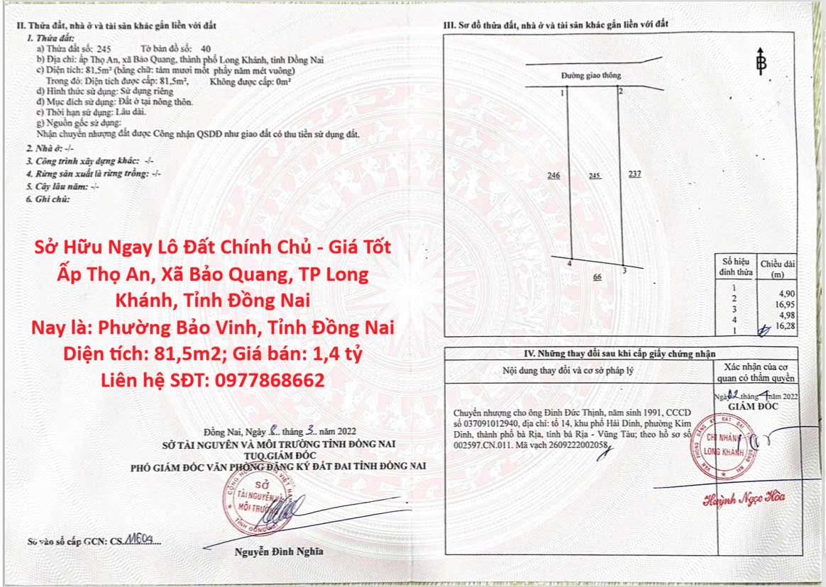  Sở Hữu Ngay Lô Đất Chính Chủ - Giá Tốt Ấp Thọ An, Xã Bảo Quang, TP Long Khánh, Tỉnh Đồng Nai 