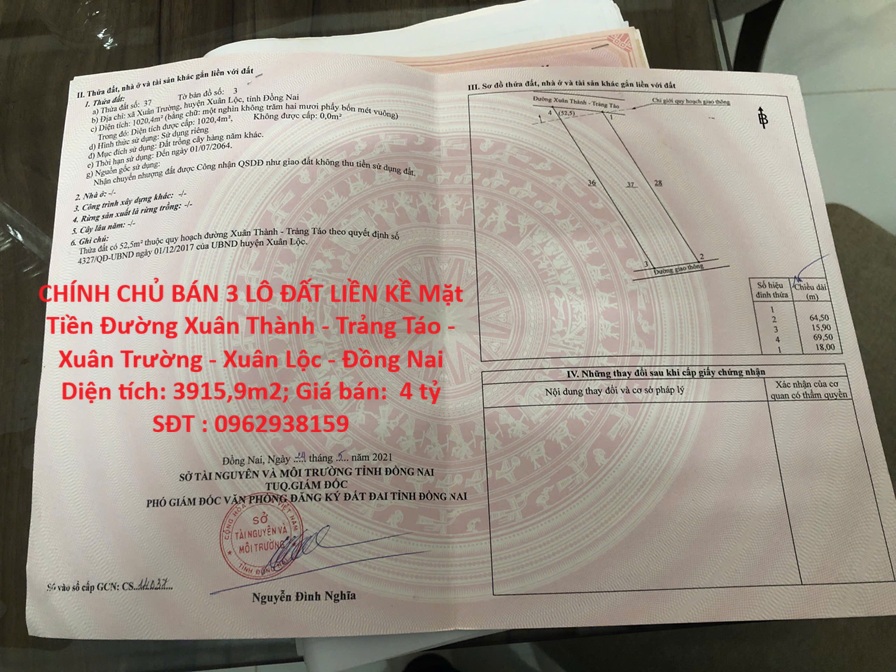  CHÍNH CHỦ BÁN 3 LÔ ĐẤT LIỀN KỀ Mặt Tiền Đường Xuân Thành - Trảng Táo - Xuân Trường - Xuân Lộc - Đồng Nai 