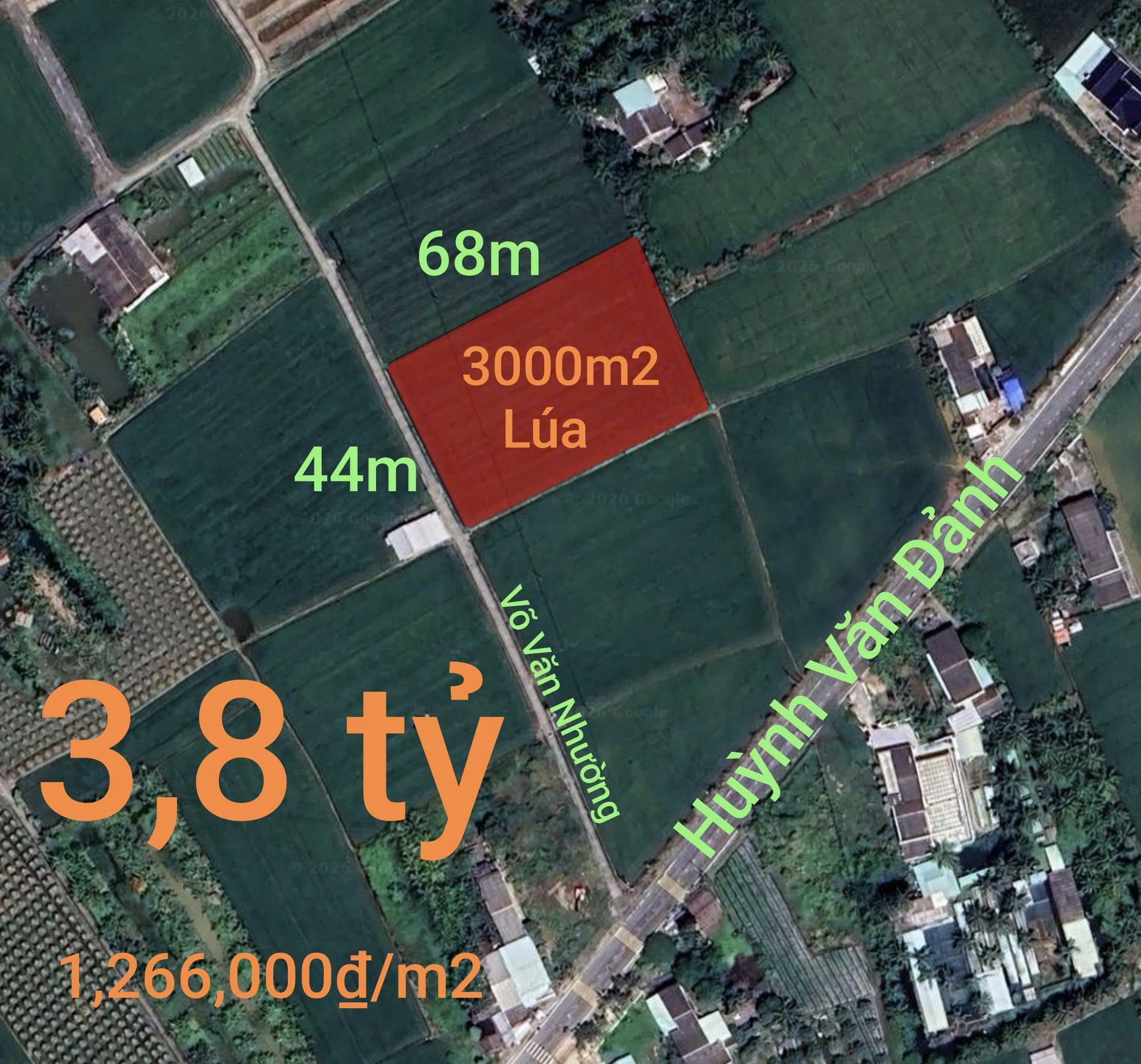  Bán đất lúa chuyển thổ xã Vàm Cỏ gần Quốc Lộ 50B giá 3,8 tỷ 