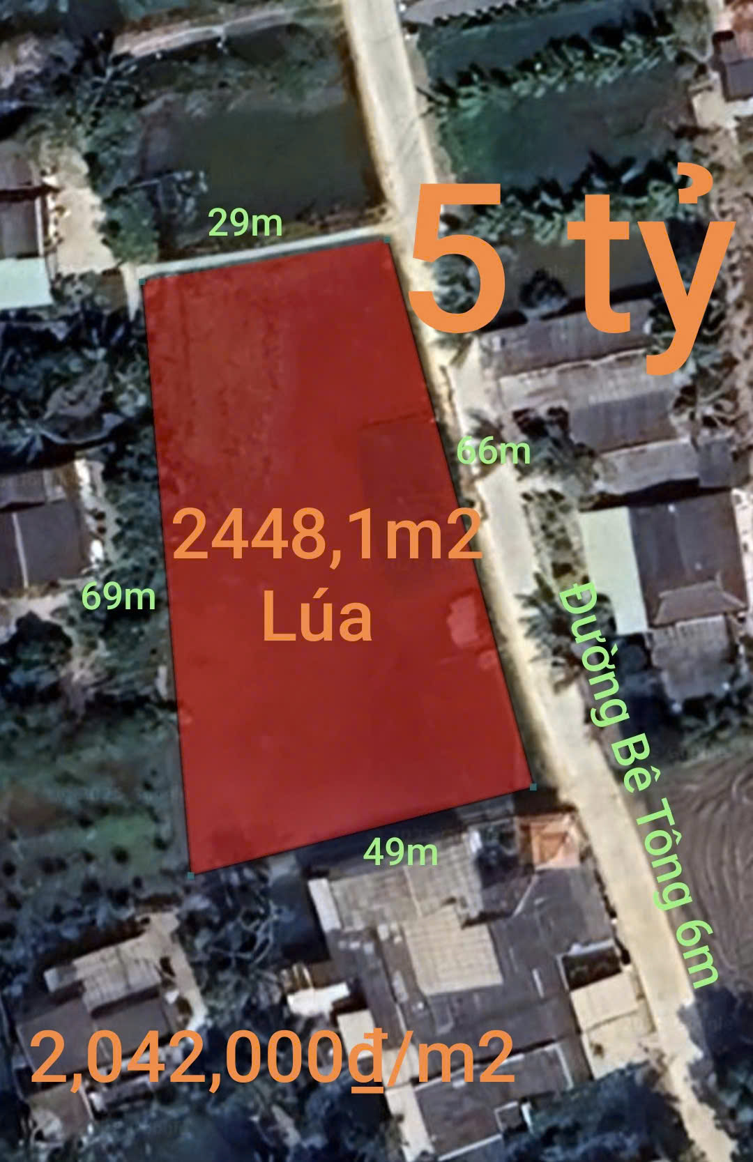  Bán lô đất lúa 4 mặt tiền chuyển thổ phân lô giá chốt 5 tỷ 