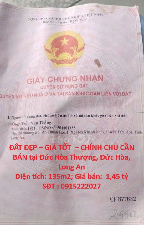 ĐẤT ĐẸP – GIÁ TỐT  – CHÍNH CHỦ CẦN BÁN tại Đức Hòa Thượng, Đức Hòa, Long An 