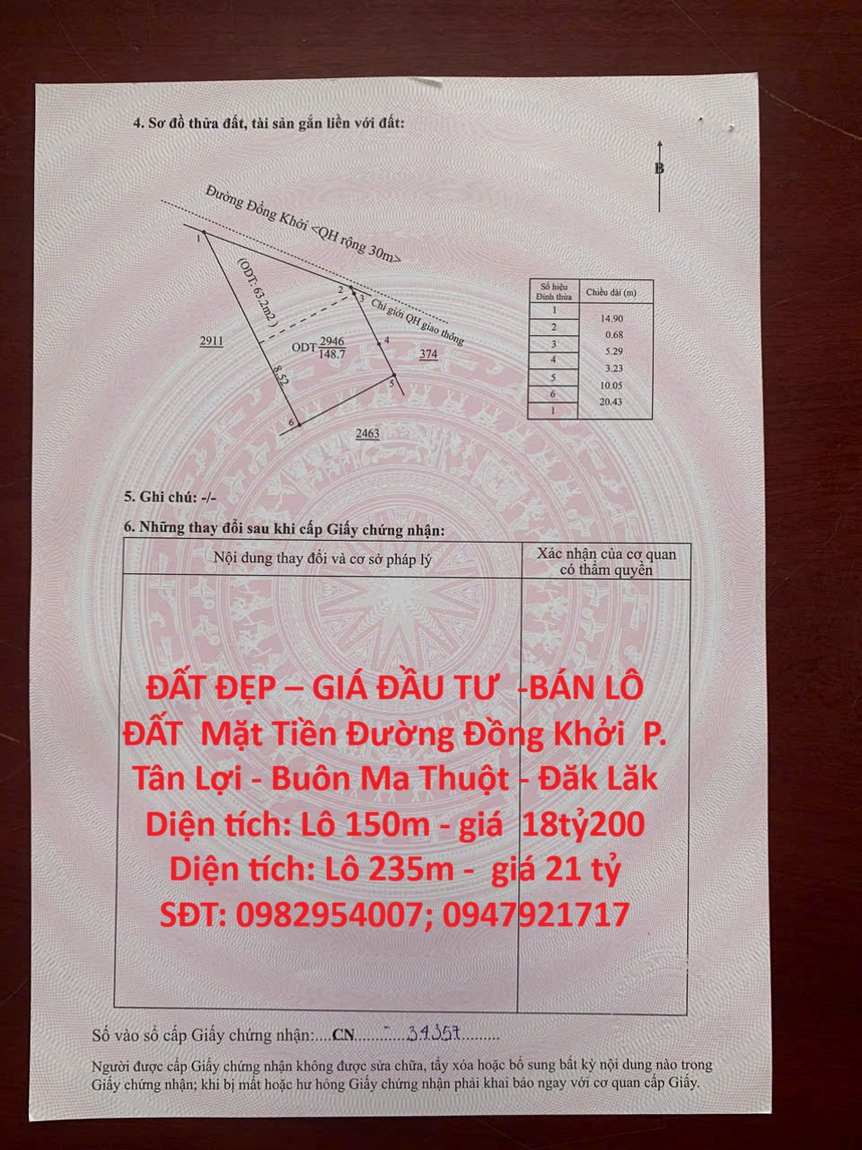  ĐẤT ĐẸP – GIÁ ĐẦU TƯ  -BÁN LÔ ĐẤT  Mặt Tiền Đường Đồng Khởi  P. Tân Lợi - Buôn Ma Thuột - Đăk Lăk 