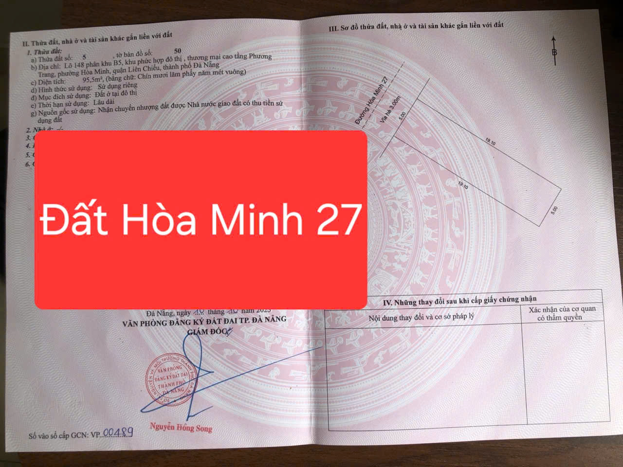  ????Bán đất MT đường 6m Hòa Minh 27 - Diện tích đất 95.5m2 (5x19.1) vuông vức 
