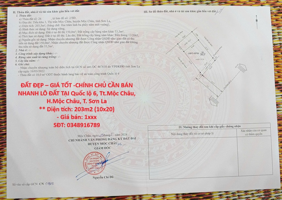  ĐẤT ĐẸP – GIÁ TỐT -CHÍNH CHỦ CẦN BÁN NHANH LÔ ĐẤT TẠI Quốc lộ 6, Tt.Mộc Châu, H.Mộc Châu, T. Sơn La 