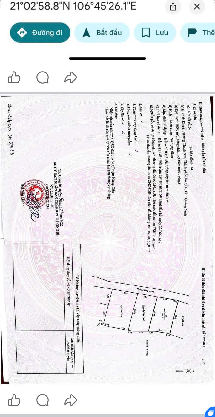  Cần Bán Đất  Khu 10 Thanh Sơn Phường UÔNG Bí -  Tỉnh Quảng Ninh. 