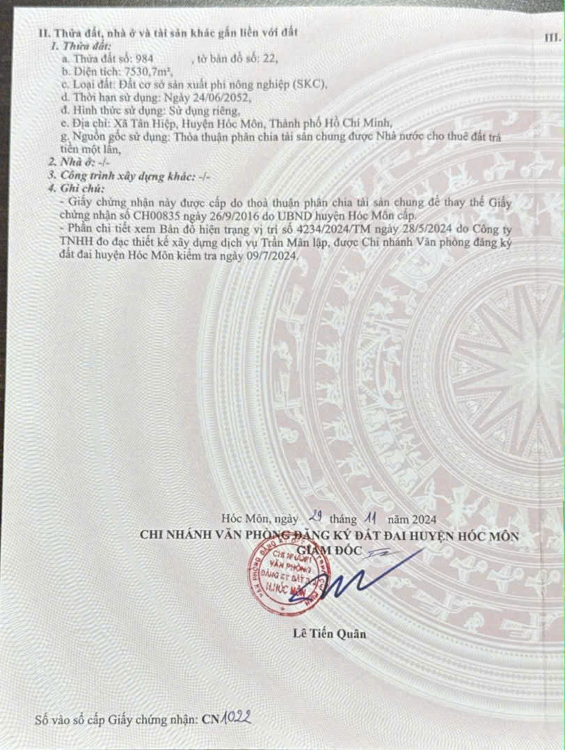  ĐẤT SKC 7.530m² – 1/ QL22 – GIÁ CHỈ 6,8TR/M² XÃ TÂN HIỆP, HÓC MÔN 