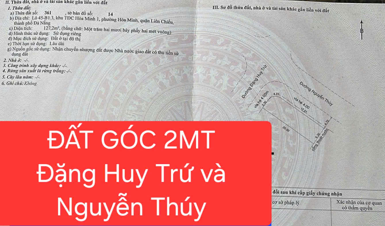  Cần bán lô góc 2 MT đường Đặng Huy Trứ và Nguyễn Thuý 