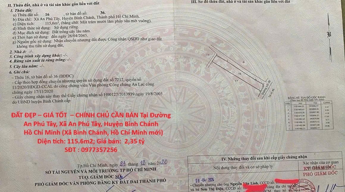  ĐẤT ĐẸP – GIÁ TỐT  – CHÍNH CHỦ CẦN BÁN Tại Đường An Phú Tây, Xã An Phú Tây, Huyện Bình Chánh 