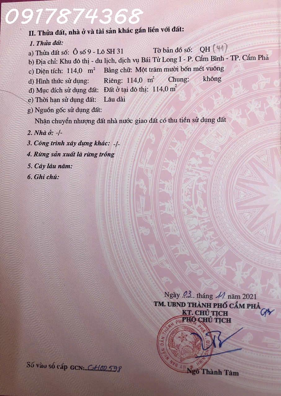  Bán đất shophouse tại Đường Bái Tử Long, Phường Cẩm Phả, Quảng Ninh, DT 114m2, giá 3,8 tỷ 