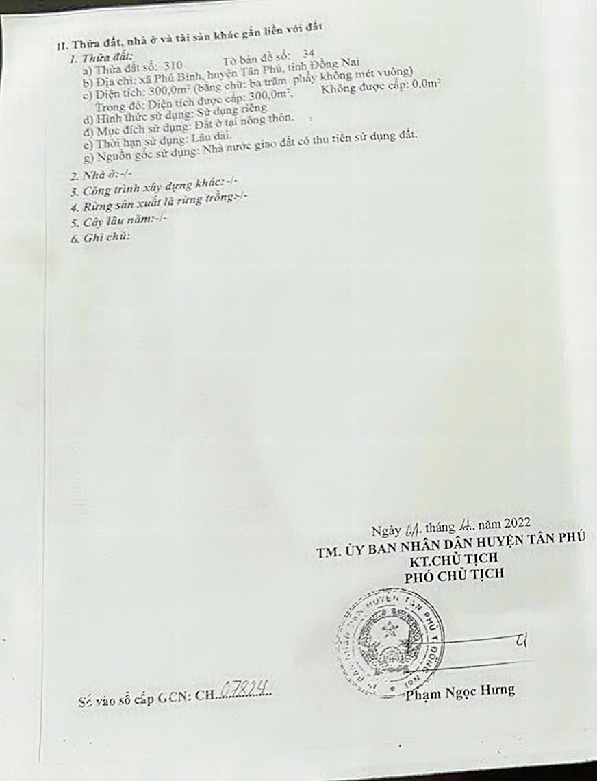  Chính Chủ Bán 300m2 Đất Full Thổ Cư Tại Xã Phú Bình, Huyện Tân Phú, Đồng Nai 