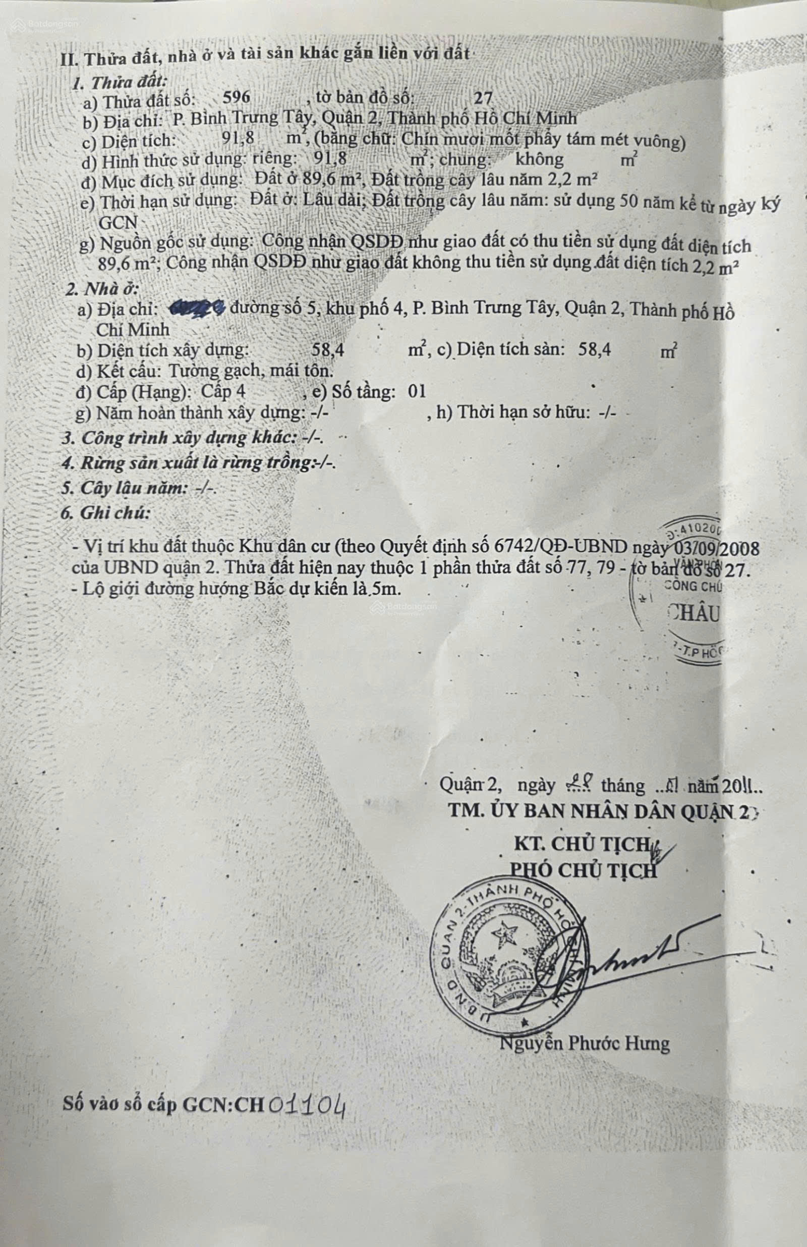  Chính chủ bán nhà cấp 4 hẻm oto con đường số 5 Bình Trưng Tây, Quận 2 ,100m2 sổ hồng riêng 