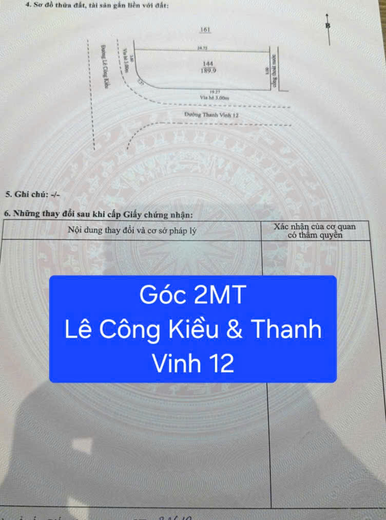  ????LÔ GÓC 2 MẶT TIỀN LÊ CÔNG KIỀU – THANH VINH 12, VỊ TRÍ ĐẸP ĐẦU TƯ SINH LỜI 