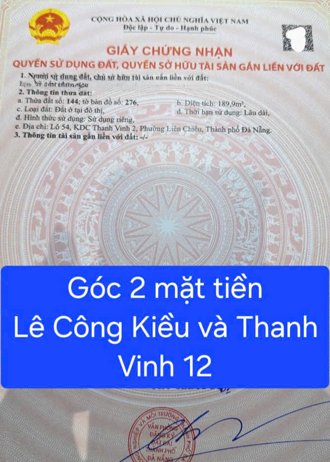  ĐẤT LÔ GÓC 2 MẶT TIỀN LÊ CÔNG KIỀU – THANH VINH 12 - XÂY CĂN HỘ Y BÀI 