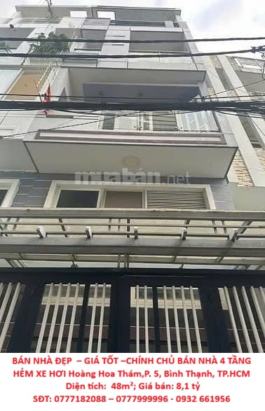  BÁN NHÀ ĐẸP  – GIÁ TỐT –CHÍNH CHỦ BÁN NHÀ 4 TẦNG HẺM XE HƠI Hoàng Hoa Thám,P. 5, Bình Thạnh, TP.HCM 